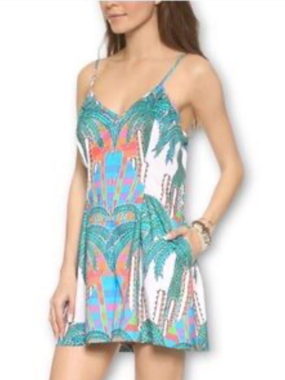 Mara Hoffman Turquoise & Coral Palm-Print Spaghetti Strap Dress size 0